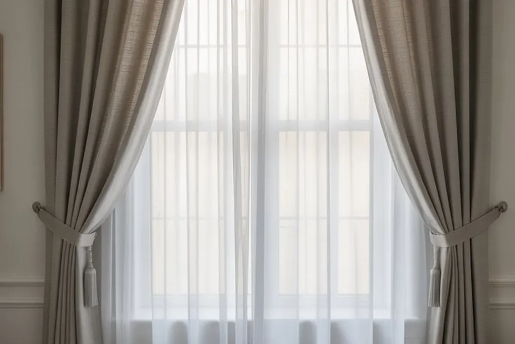 Sheer and blackout curtain panels layered at a bedroom window