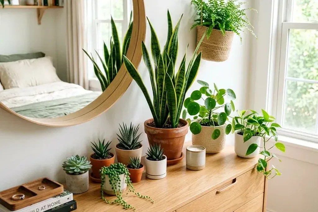 Potted plant and a bowl of pinecones on a bedroom dresser