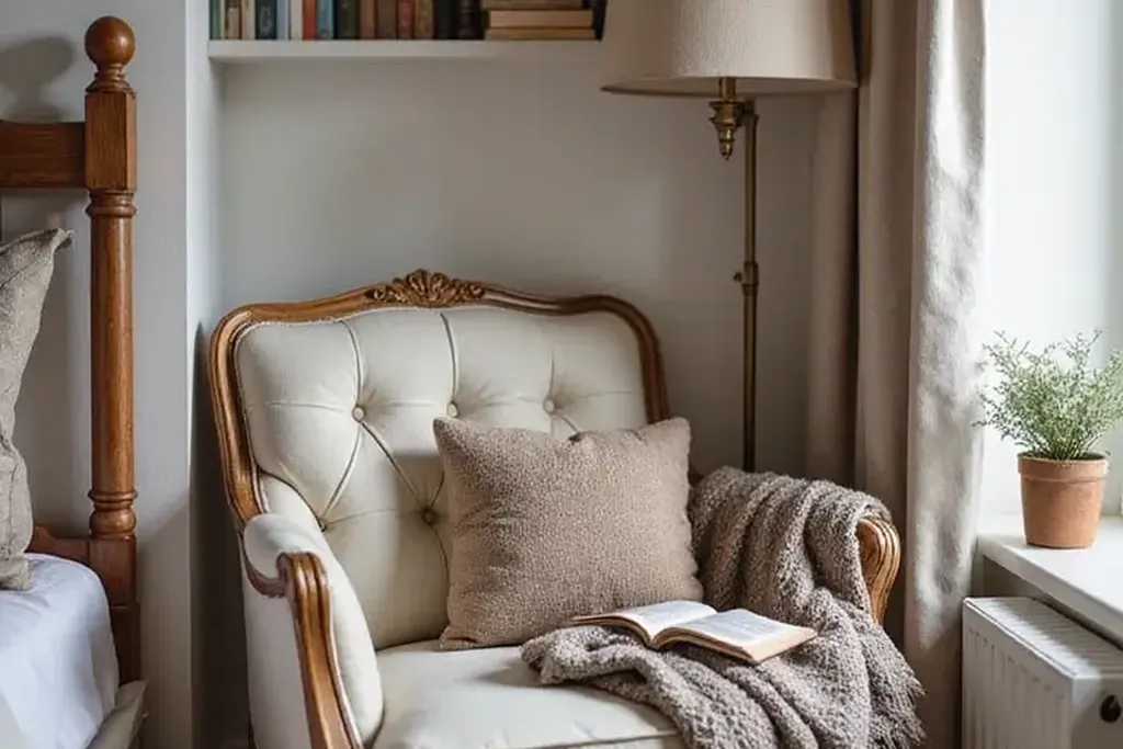 Armchair, side table, and reading lamp forming a bedroom reading corner