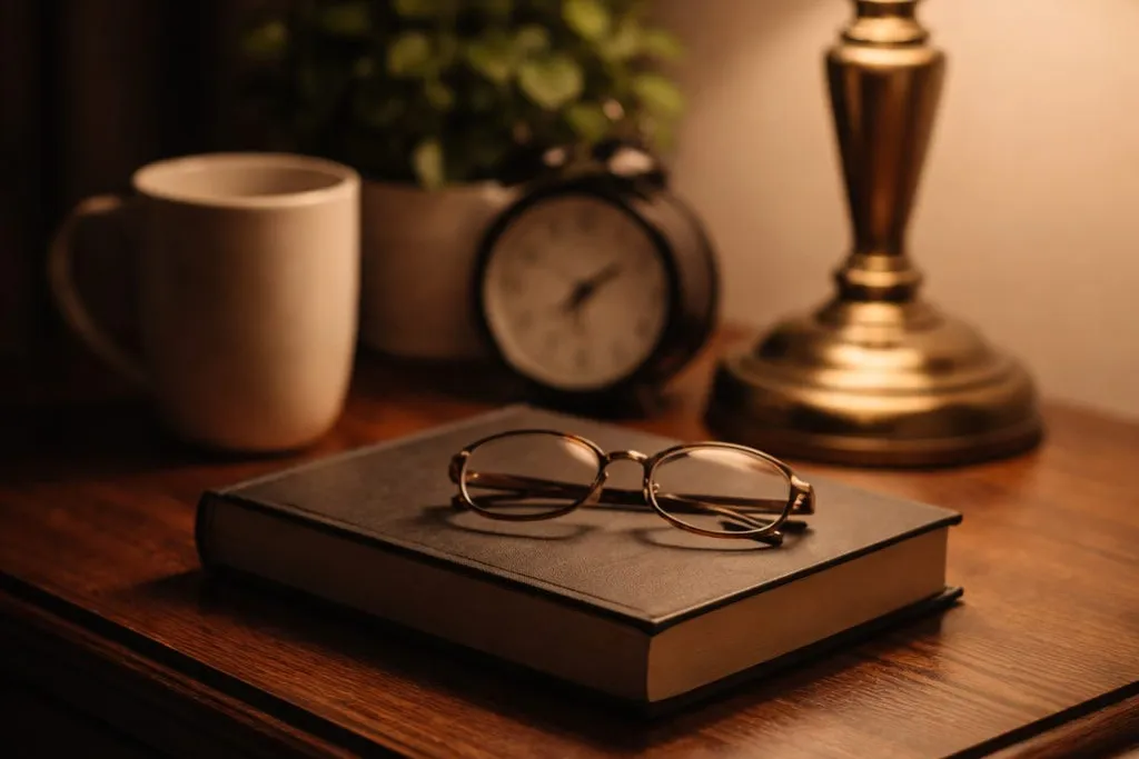 Book and alarm clock on a nightstand during a screen free evening