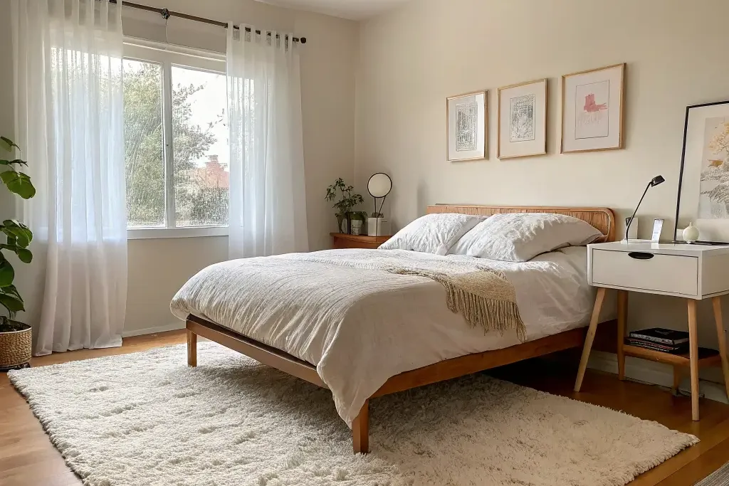 Soft low pile rug beside a bed in morning light