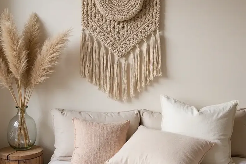 Woven textile hanging on a bedroom wall in neutral tones