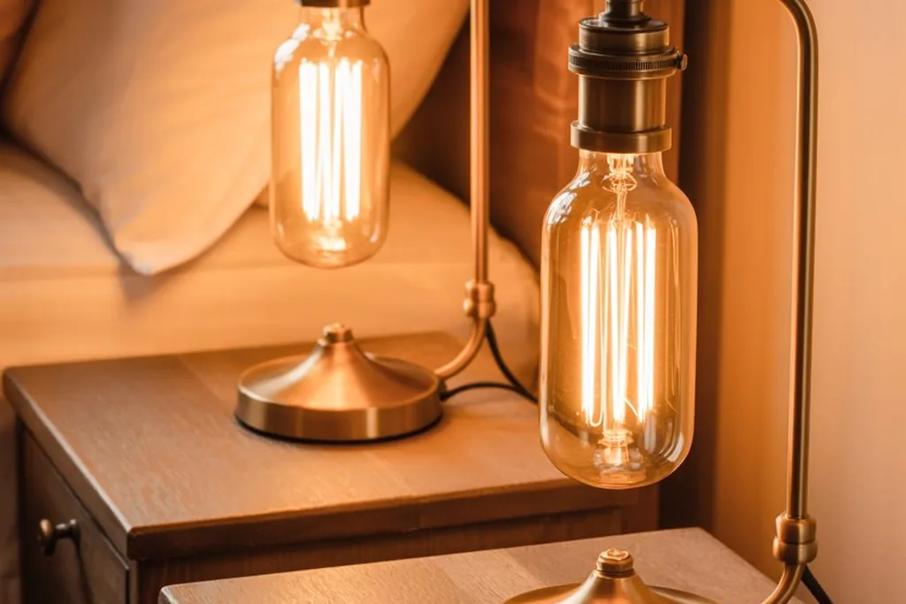 Warm bedside lamps glowing on both sides of a bed in the evening