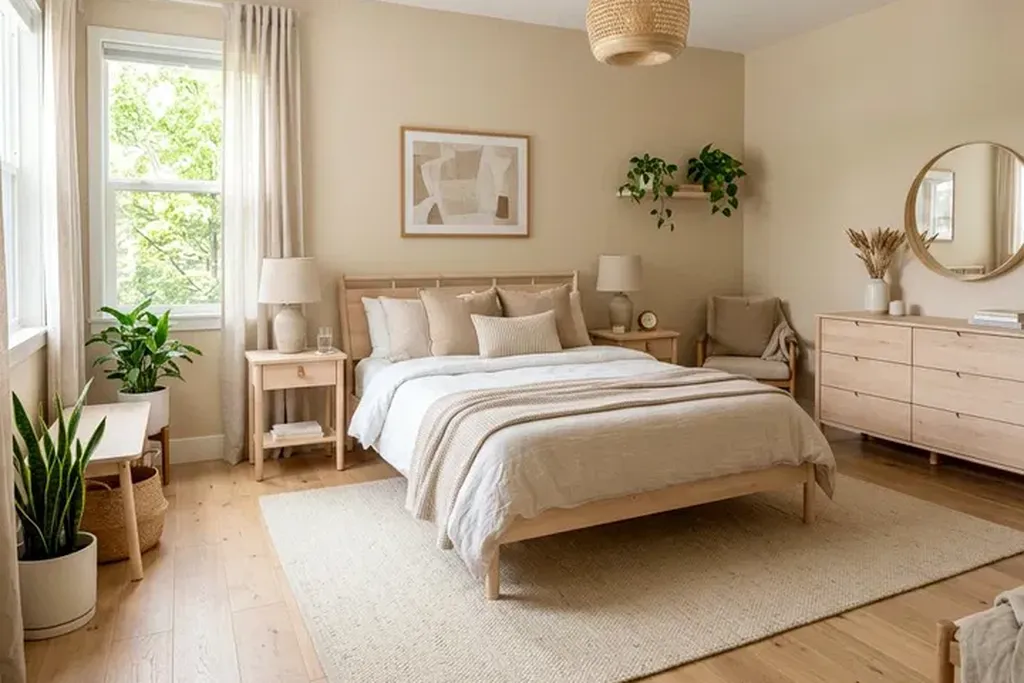 Bedroom in warm white, beige, and light wood tones