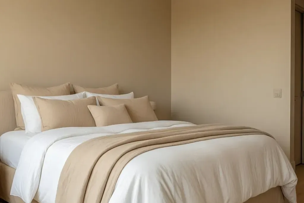 Warm beige wall behind a bed with white bedding at dusk