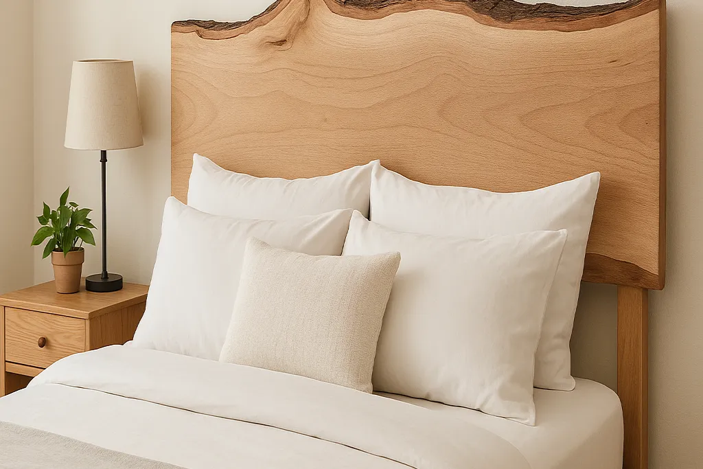 Natural wood headboard behind pillows on a bed