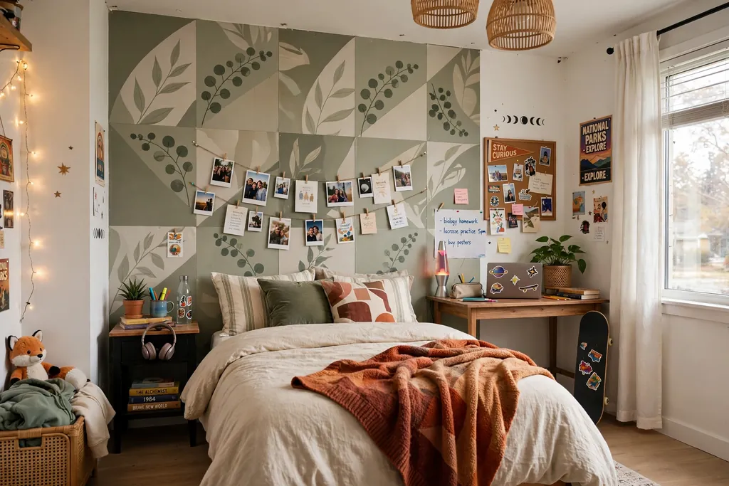 Teen bedroom with a peel-and-stick accent wall behind the bed.