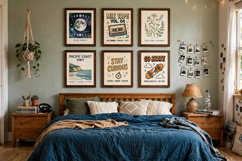 Teen bedroom gallery wall with posters in matching frames above the bed.