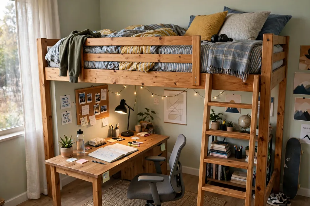 Teen loft bed with a desk and chair in the study zone underneath.