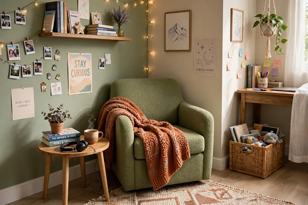 Teen bedroom reading nook in a corner with a chair