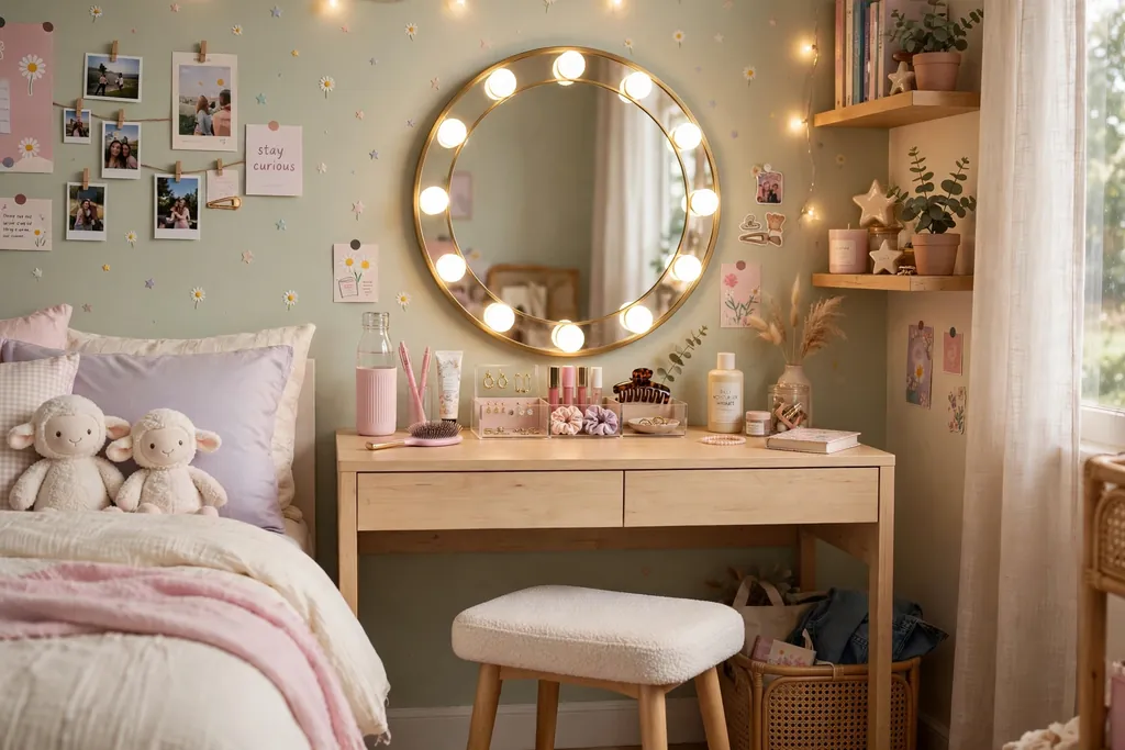 Teen bedroom vanity station with a mirror