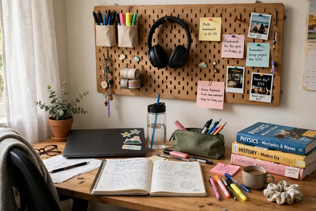 Teen study desk with a pegboard above it holding pens