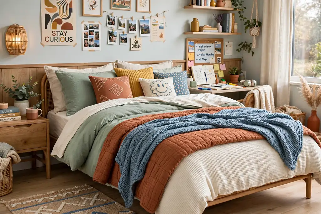 Teen bed with layered bedding in a new palette