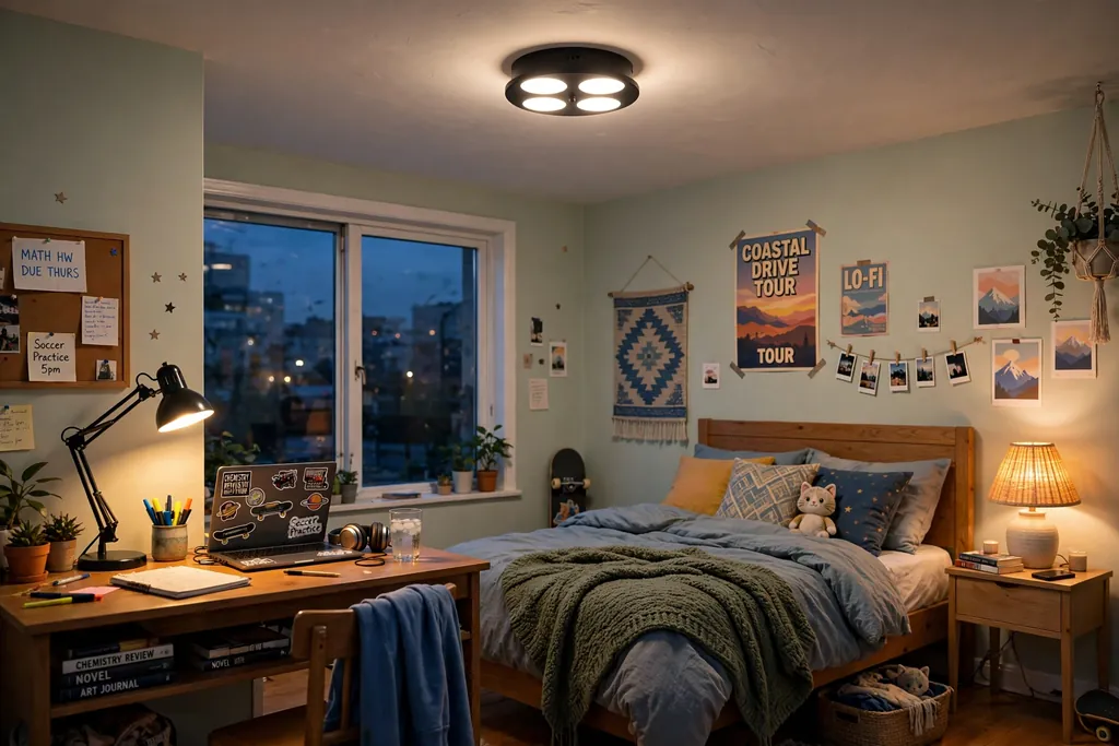 Teen bedroom with layered lighting
