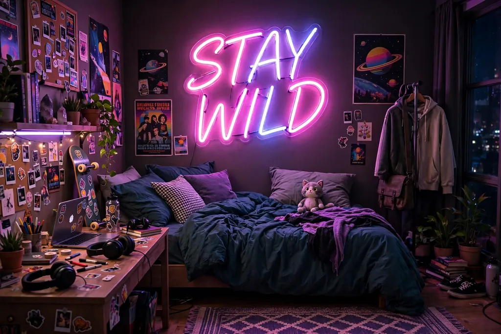 Teen bedroom with a neon style word sign glowing above the bed.