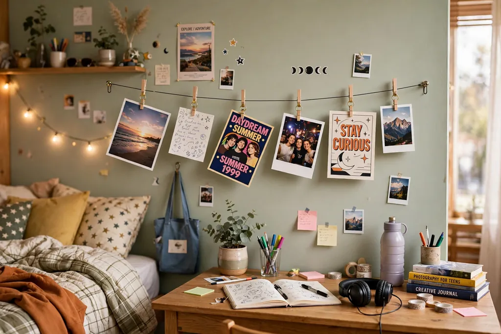 Teen bedroom clip display with rotating posters and photos on a wire.