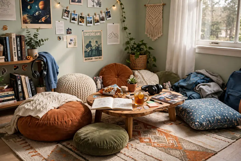 Teen bedroom floor cushion hangout corner with a low table and rug.