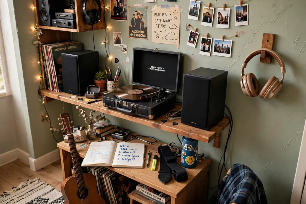Teen bedroom music corner with a speaker shelf and headphones on a hook.