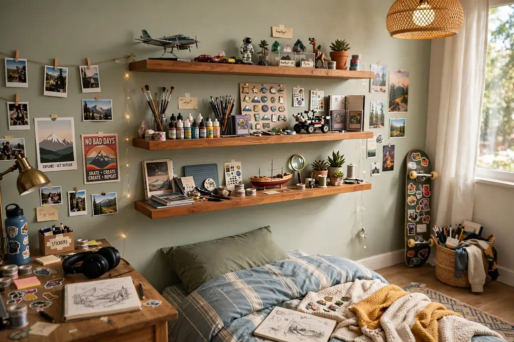 Teen bedroom floating shelves displaying a hobby collection.