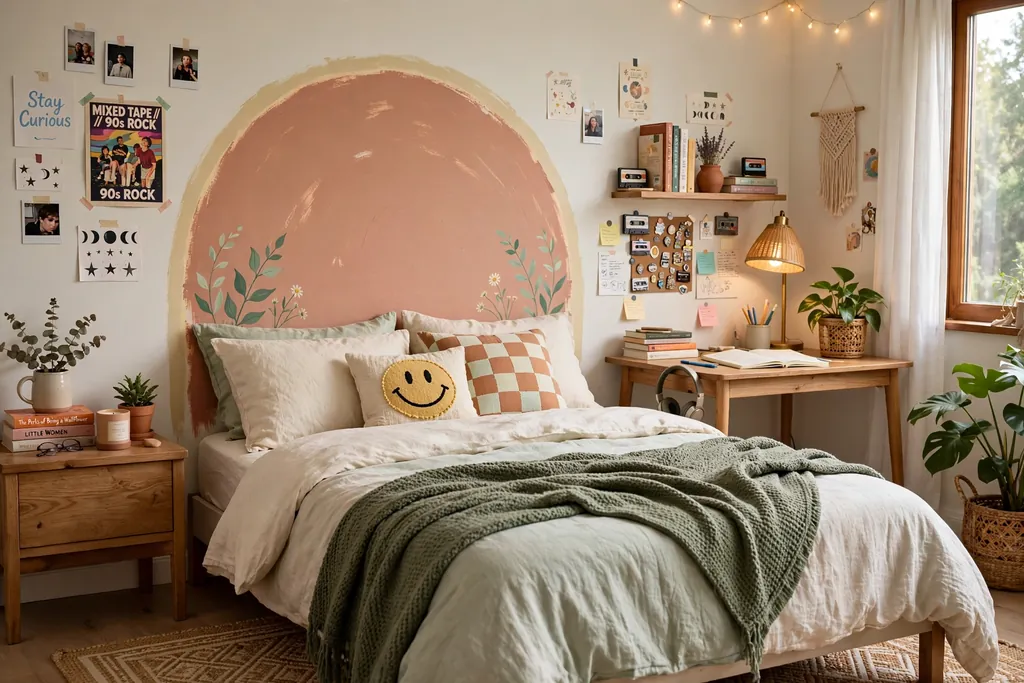 Teen bedroom with a DIY painted arch headboard behind the bed.