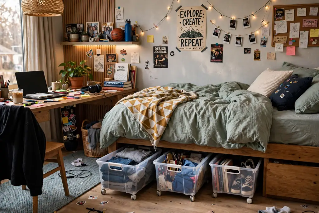 Teen bedroom with rolling storage bins sliding out from under the bed.