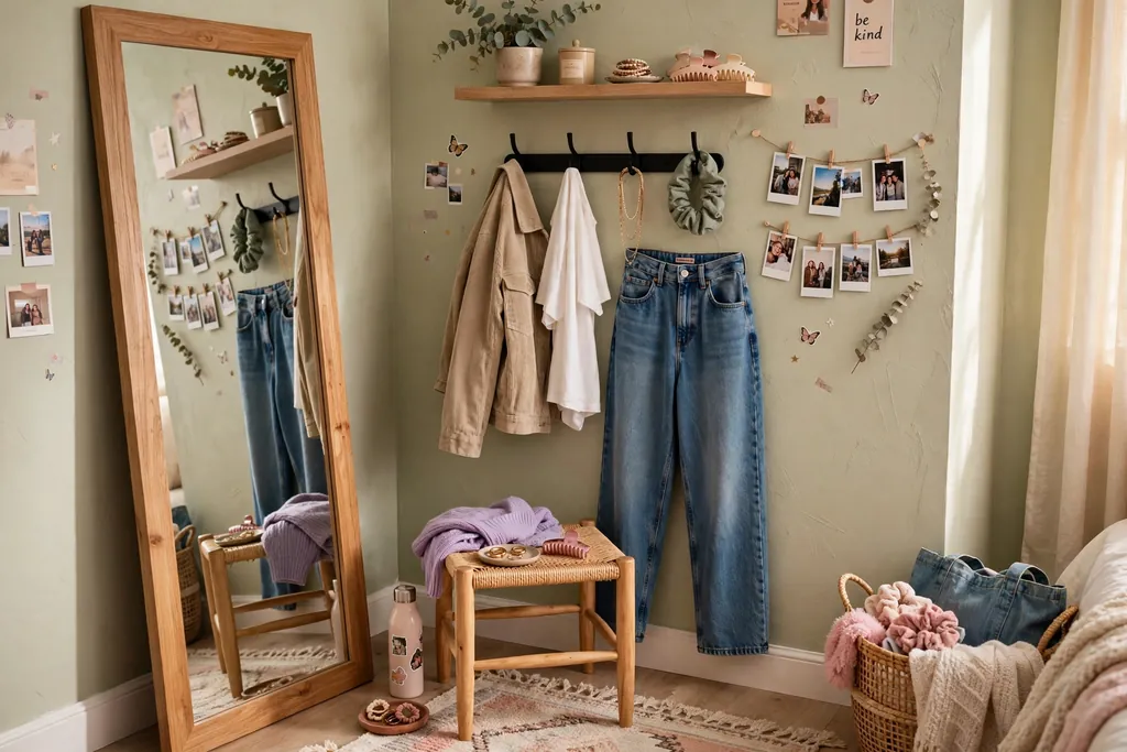 Teen bedroom dressing corner with a full length mirror