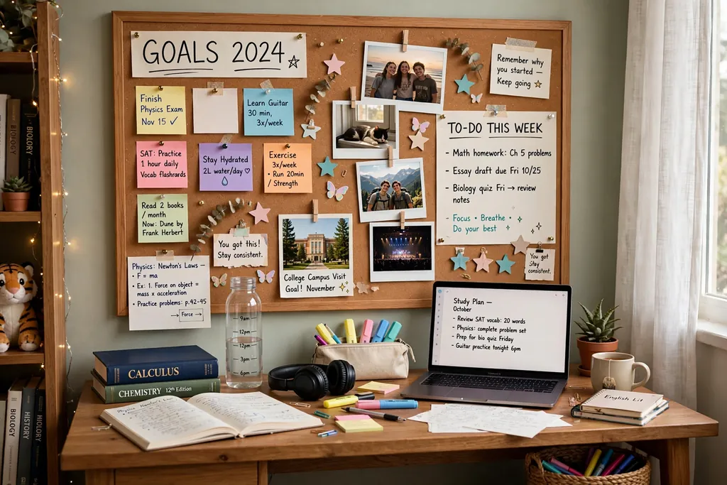 Teen study area with an inspiration board for goals