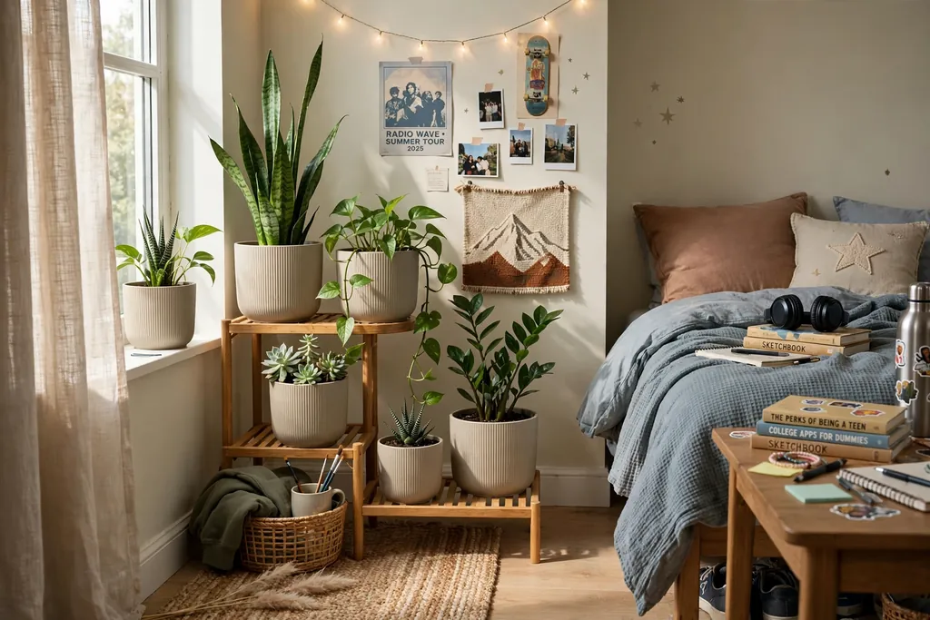 Teen bedroom plant corner with low maintenance plants in matching pots.