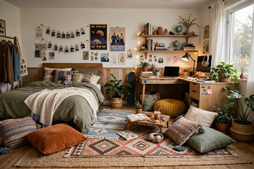 Teen bedroom with layered rugs marking a hangout zone.