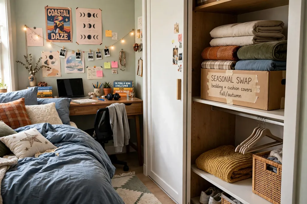 Teen bedroom with a seasonal swap box of folded bedding and cushion covers on a closet shelf.