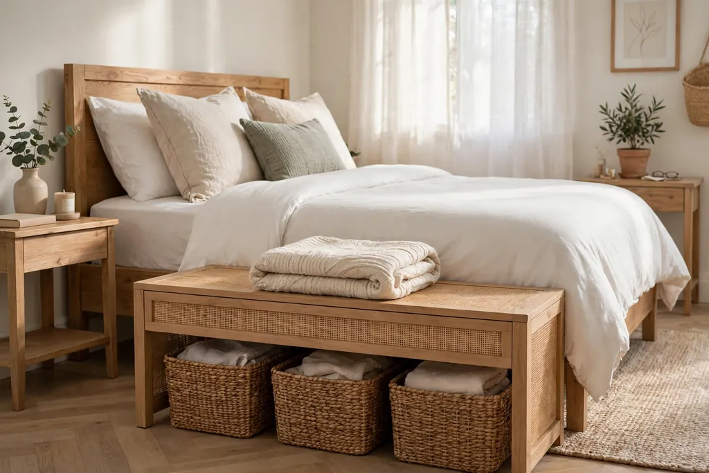 Storage bench at the foot of a bed with woven baskets underneath.