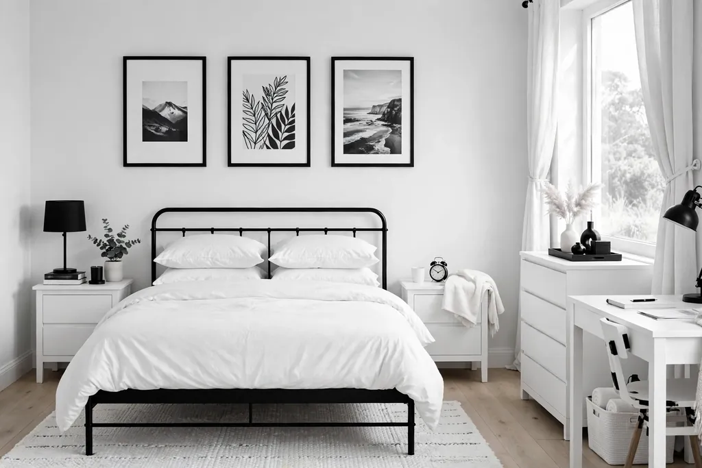 Bedroom in a black and white palette with a black bed frame.