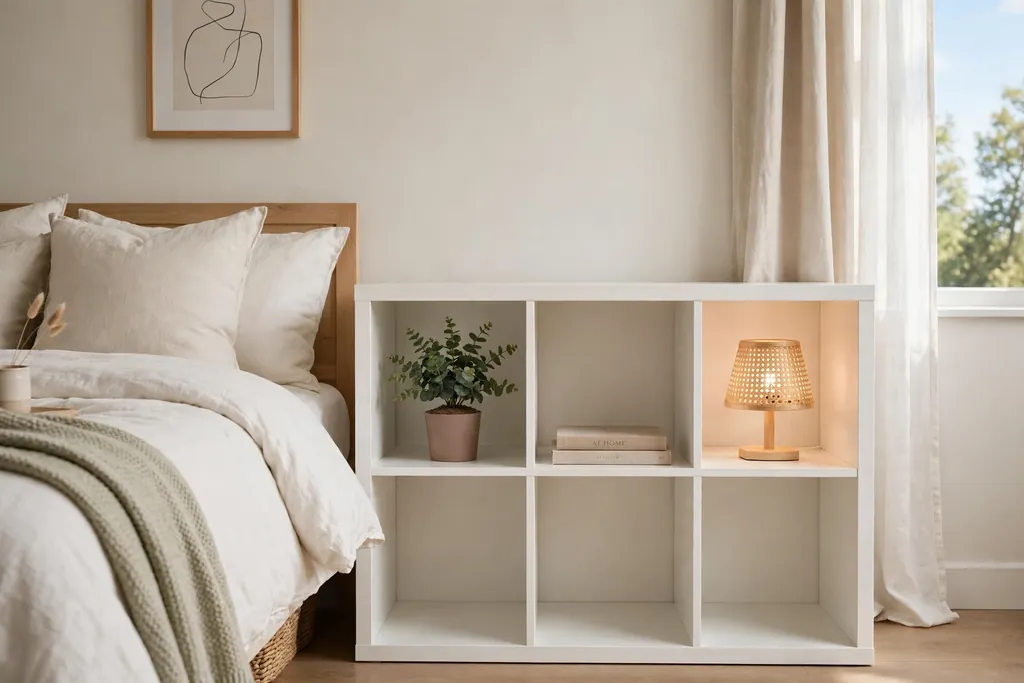 White cube shelf unit used as a bedside table beside a bed.