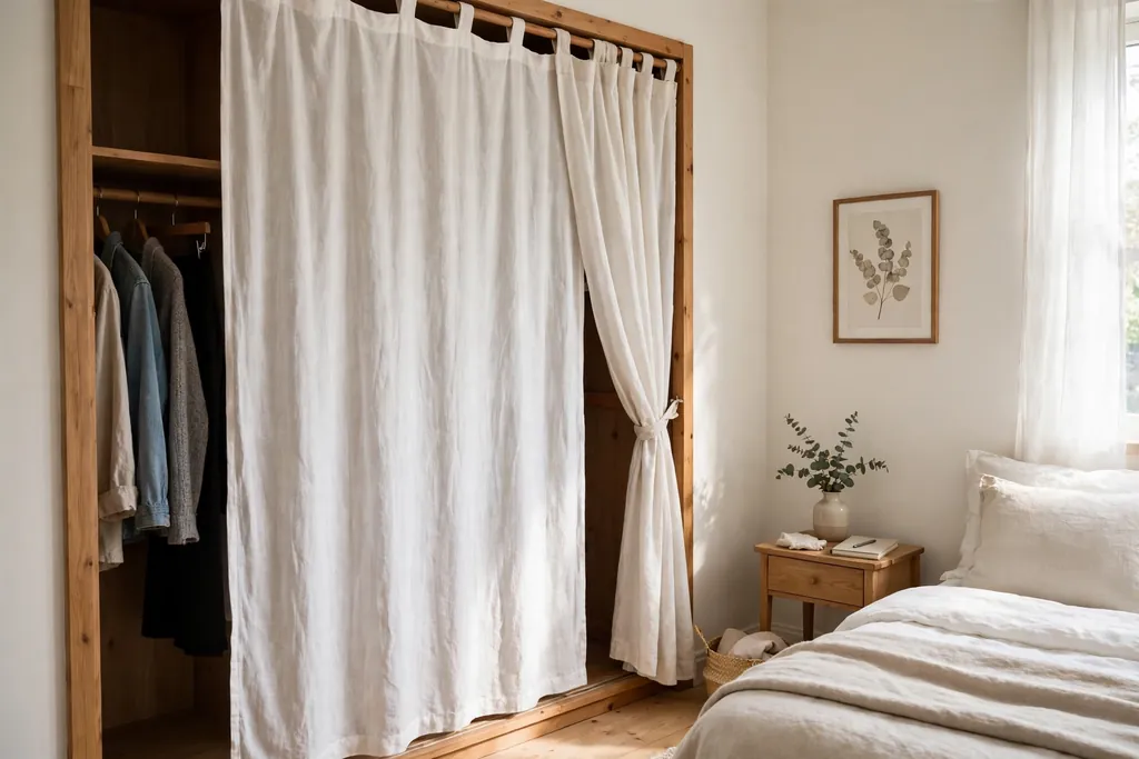 Open wardrobe frame with a plain white linen curtain front.