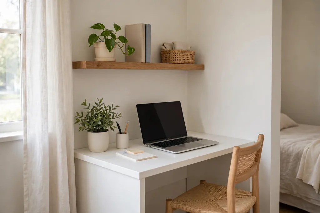 Small bedroom desk nook with a white tabletop and a shelf above.