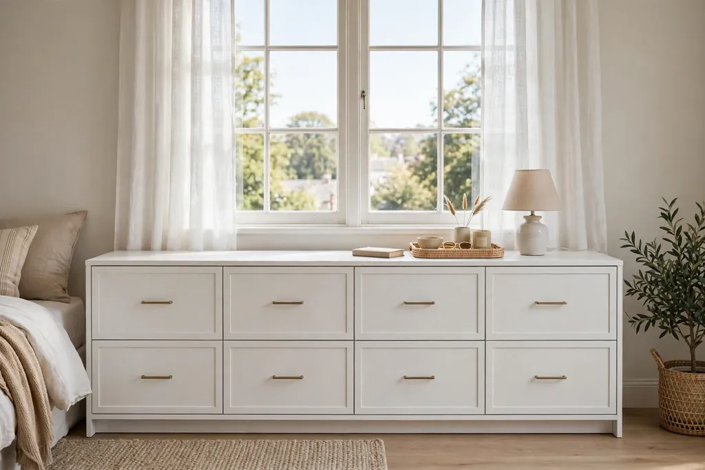 Wide white drawer dresser under a bedroom window.
