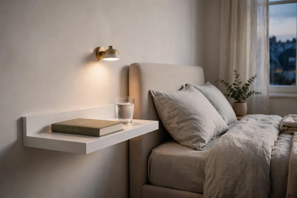 Floating white bedside shelf with a wall light beside a bed.