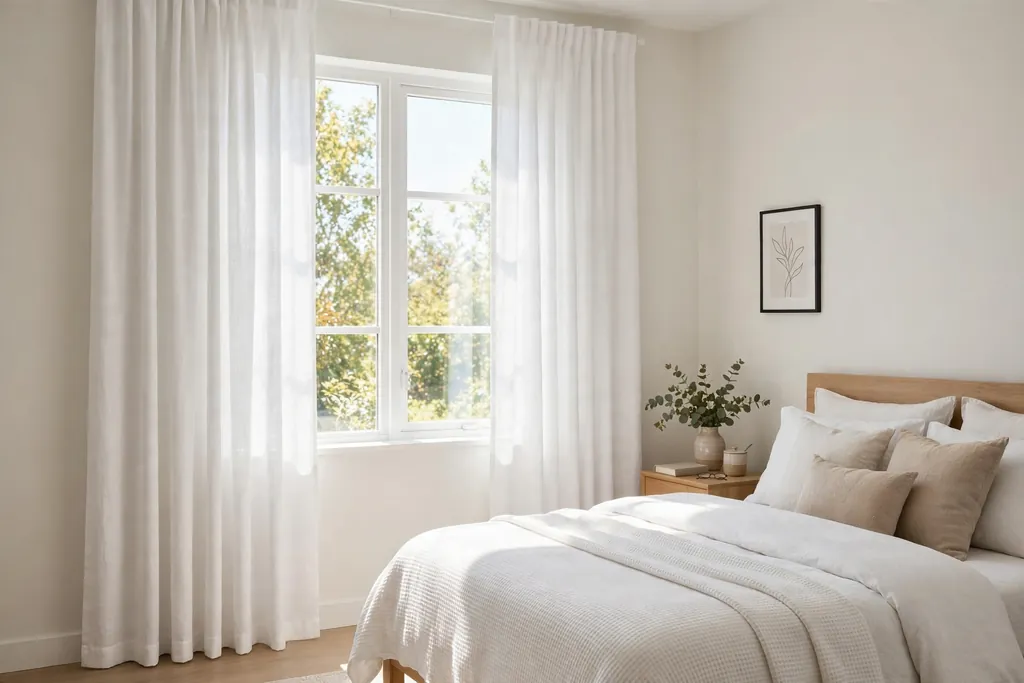 Bedroom window with floor length white curtains hung high and wide.
