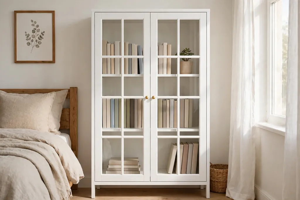 White glass front cabinet showing books and a small plant.