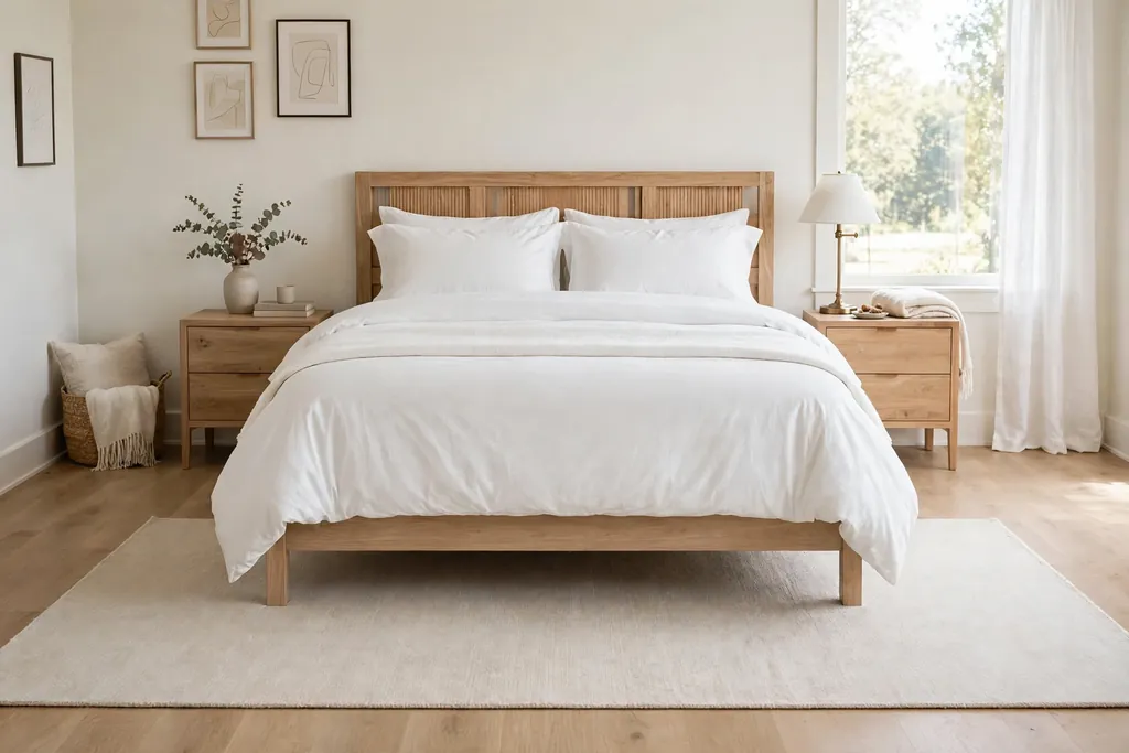 Bedroom with a large pale rug under the lower half of a bed.