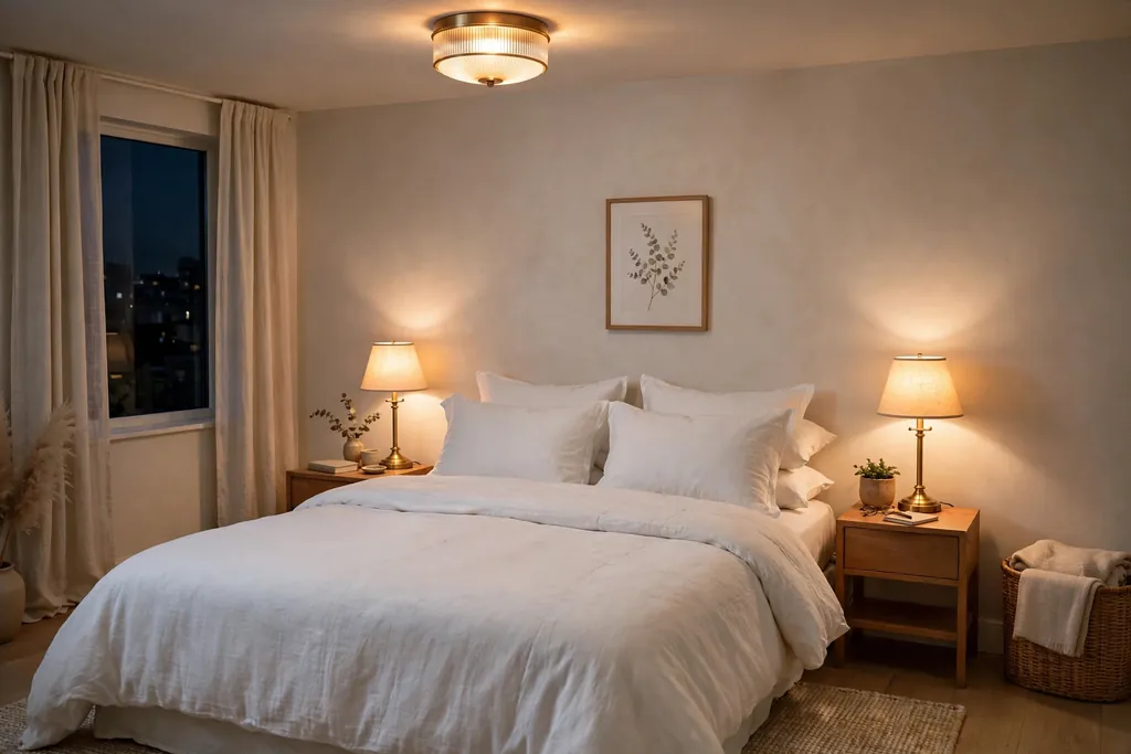 Bedroom in the evening with layered warm lighting from bedside lamps.