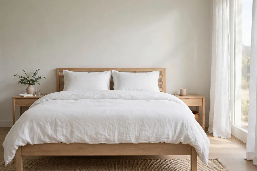 Light wood bed frame with white linen bedding.