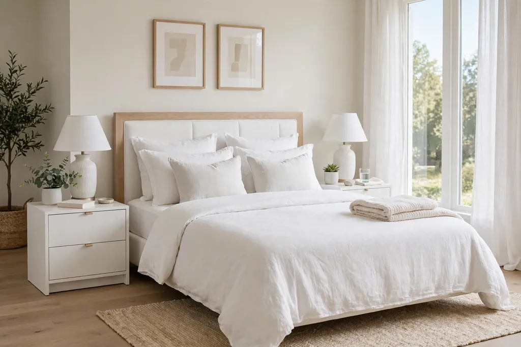 Bed with matching white bedside tables and matching lamps.