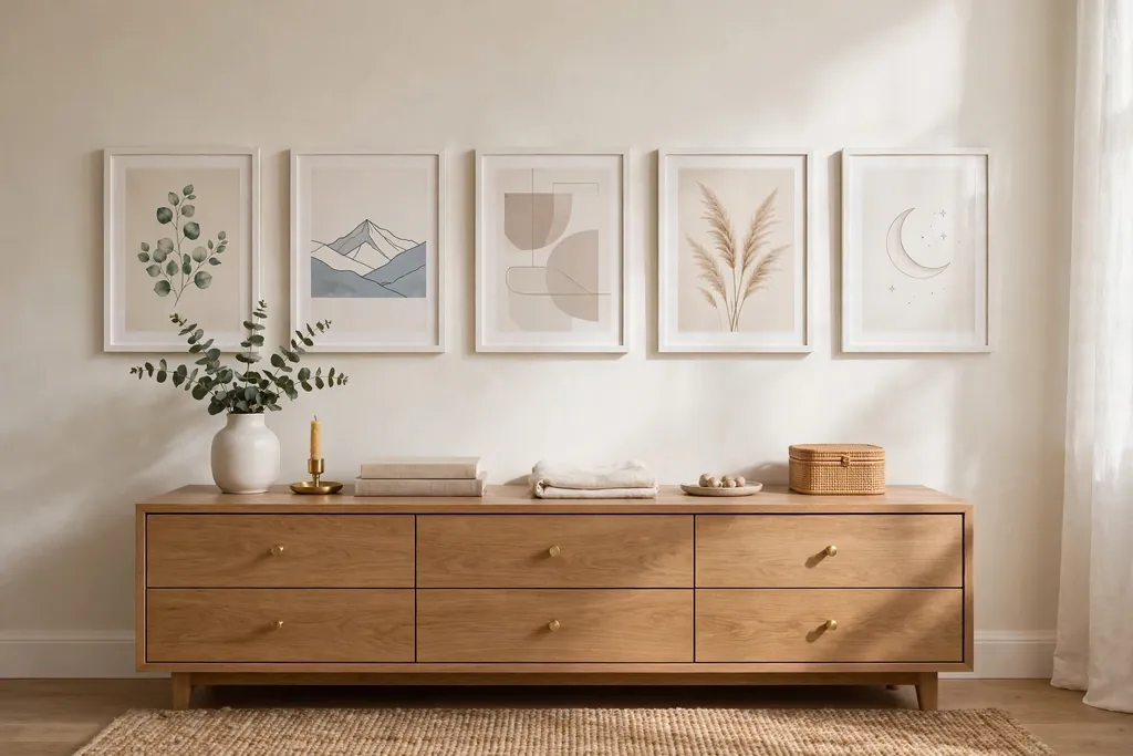 Bedroom wall with framed art prints in matching white frames.