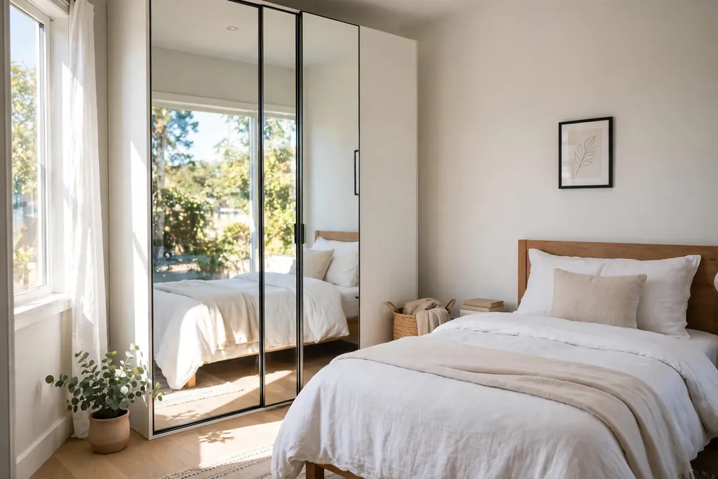 Small bedroom with mirrored wardrobe doors beside a bed.