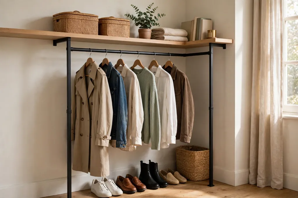 Open clothing rail in a bedroom corner with neatly hung clothes.