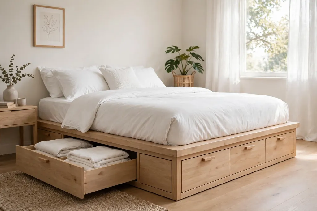 Low platform bed with drawers underneath showing folded bedding.