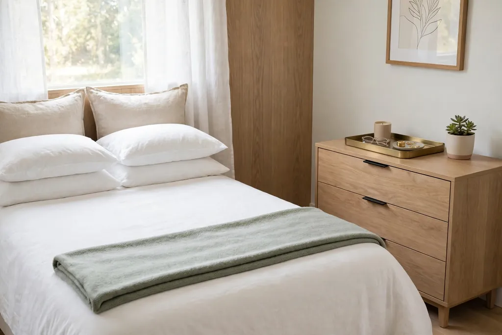 Neatly made bedroom with a folded throw, a tray, and a small plant.