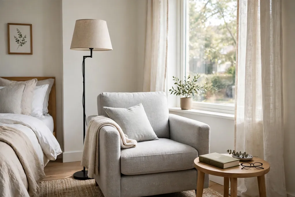 Bedroom reading corner by a window with an armchair and a floor lamp.