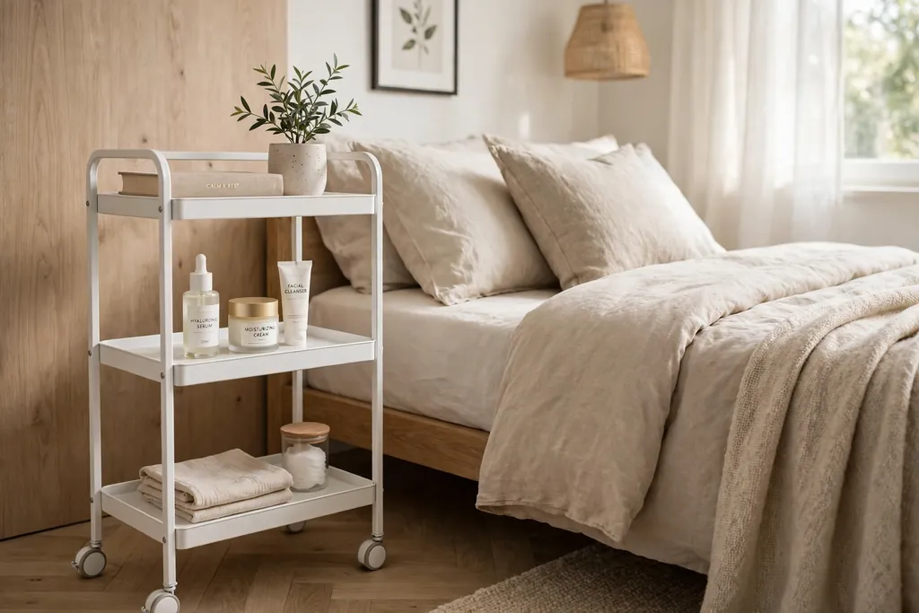 Slim white rolling cart beside a bed.